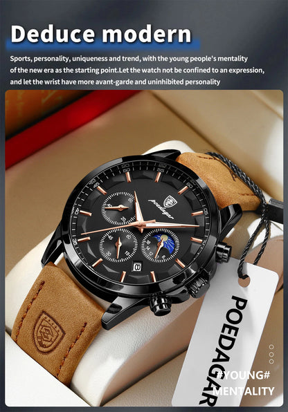 POEDAGAR Original Military Men Clock Waterproof Luminous Leather Quartz Man Watch Chronograph Date Luxury Business Men's Watches