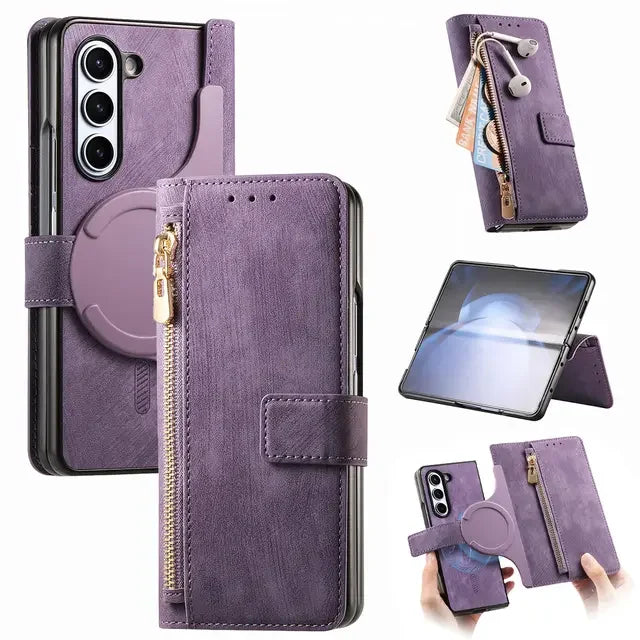 2 in 1 Magnetic Zipper Cards Solt Wallet Leather Case For Samsung Galaxy Z Fold 8 ultra 7 6 5  Wireless Charging Bag Purse Cover