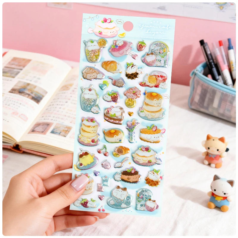 3 pcs/6 pcs Sweet Candy Pets Cat Coffee Cakes Flash Puffy 3D Stickers Scrapbooking Diy Diary Stationery Stickers School Supplies