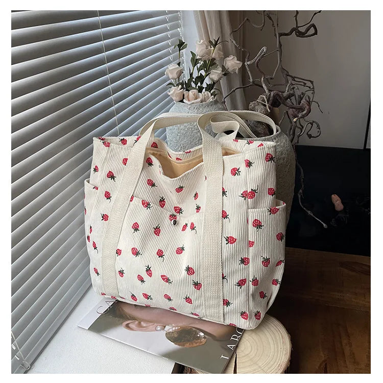 Fashion Corduroy Shoulder Bag for Women, Cute Printed Handbag, Casual Commuter & Shopping Purse, Trendy Underarm Bag
