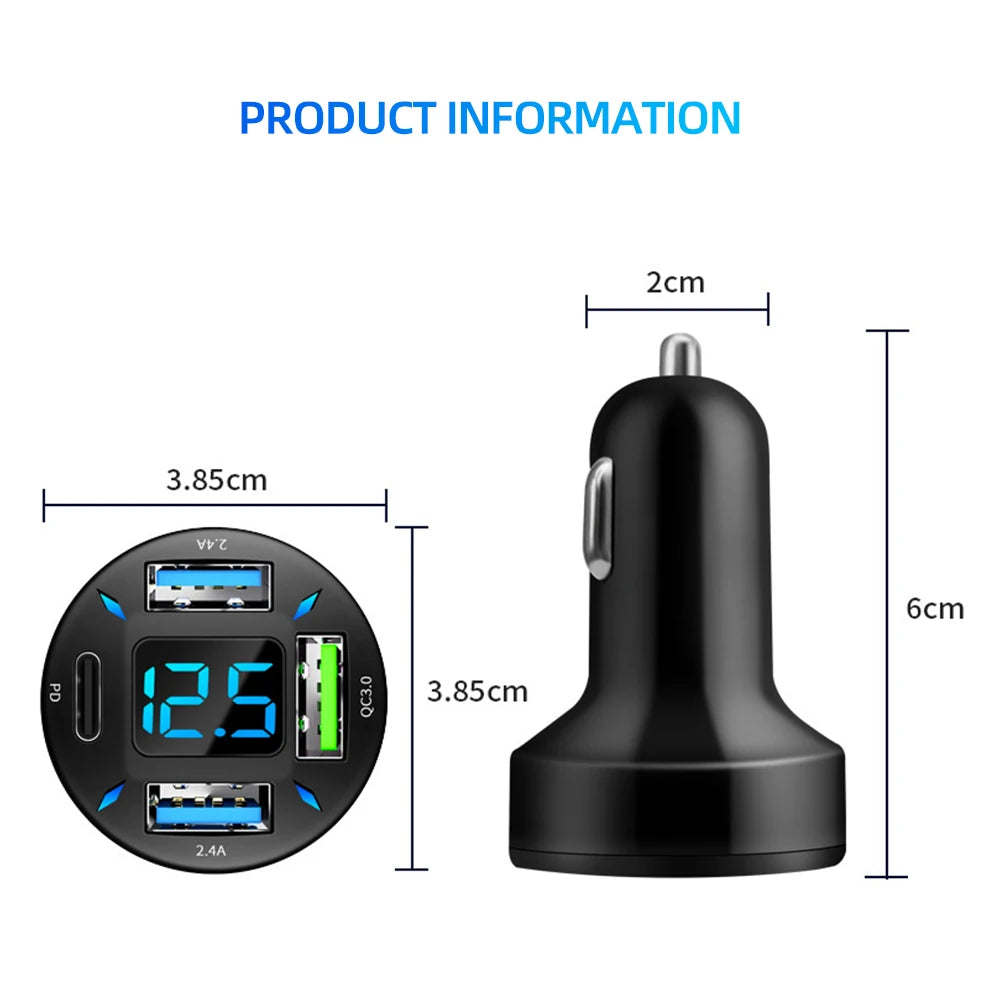 4 in 1 Car Charger Quick Charge PD QC3.0 With Voltmeter Cigarette Lighter Socket Power Adapter For IPhone11 12 Samsung Huawei