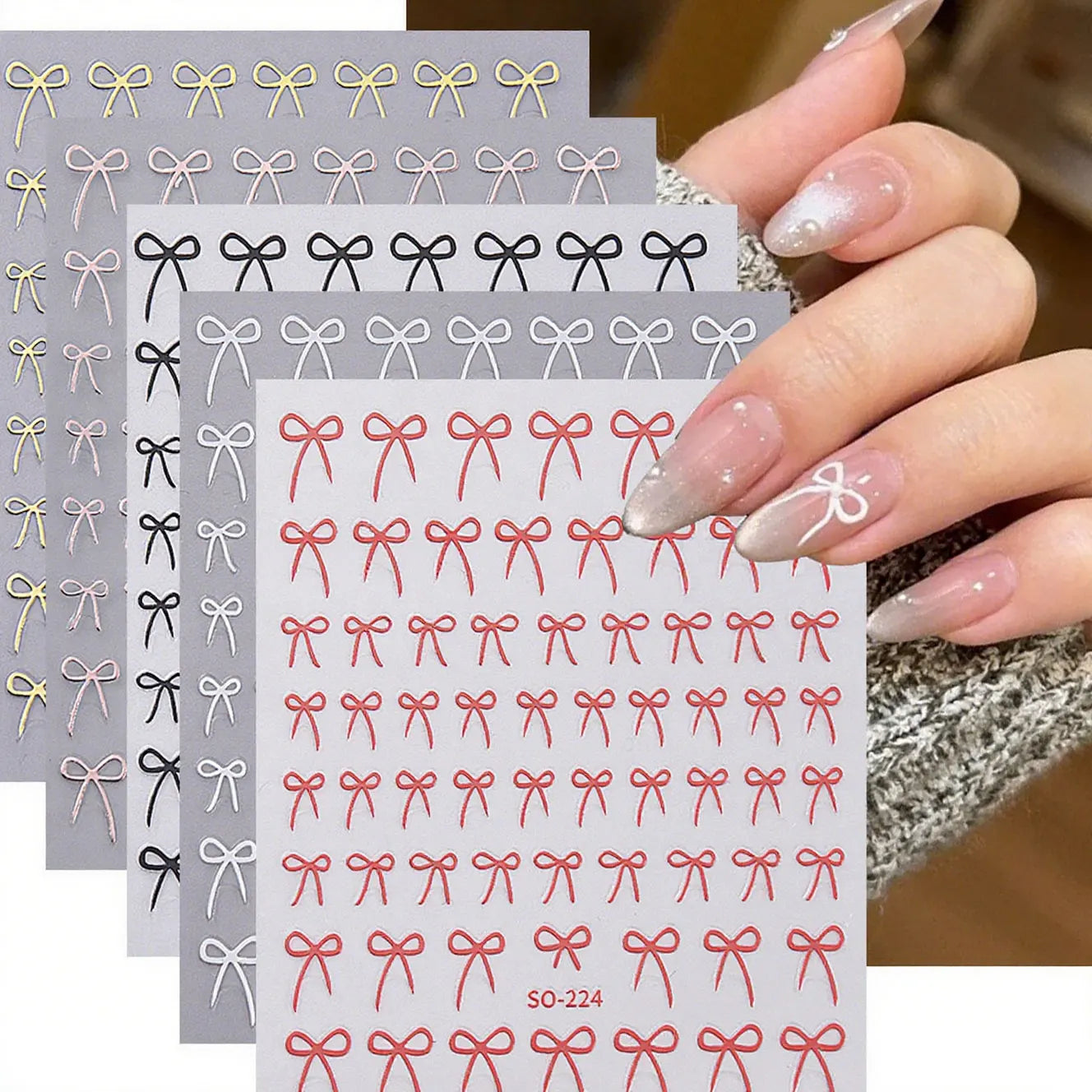8pcs Mixed Color Bow Nail Art Stickers 3D Cute Red Black Pink Bowknot Nail Charms Foils Gold Laser Effect Bow Manicure Decor