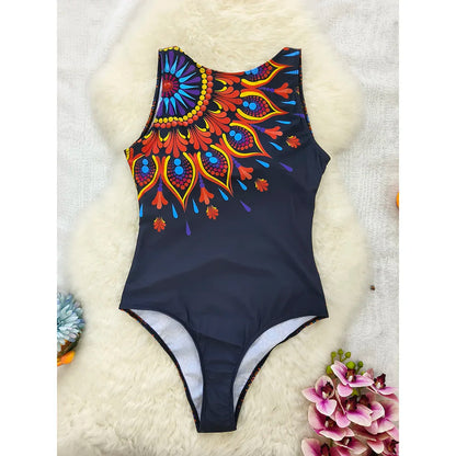 2026 New Printed One-piece Swimsuit Classic Printed Lace Up Swimsuit Women's Push Up Flower One-piece Suit Beach Wear For Female