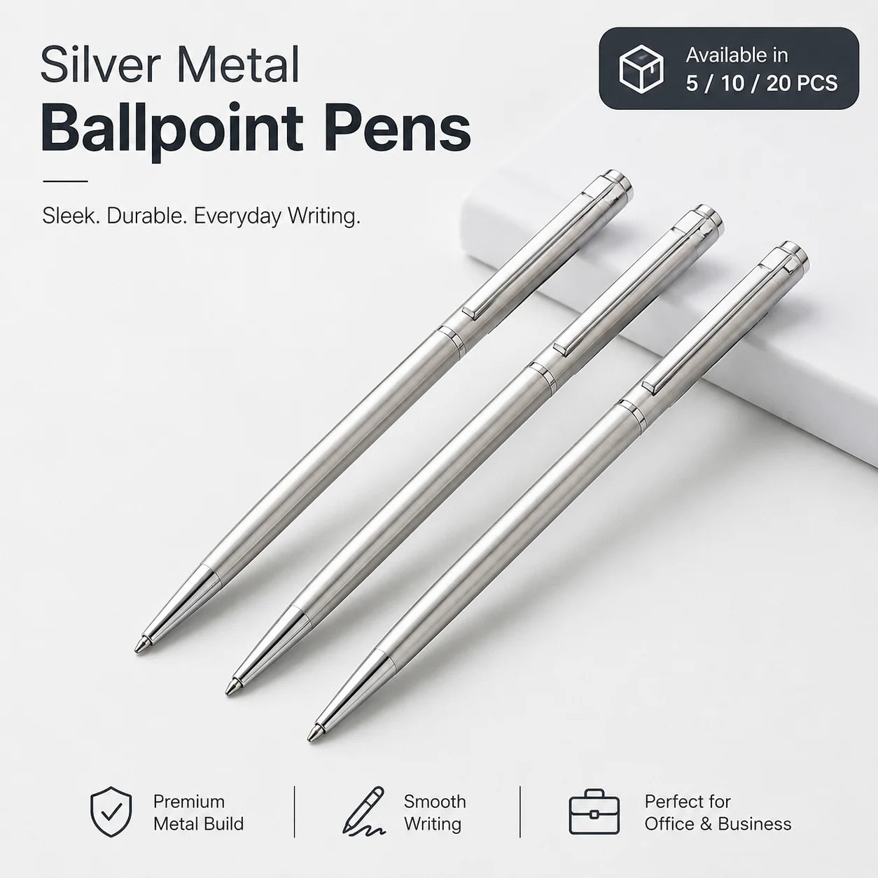 5/10/20Pcs Stainless Steel Ballpoint Pens, Silver Metal Medium Nib Smooth Twist Writing Pens for Office School