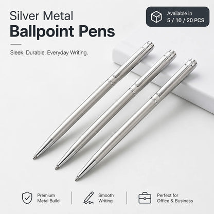 5/10/20Pcs Stainless Steel Ballpoint Pens, Silver Metal Medium Nib Smooth Twist Writing Pens for Office School