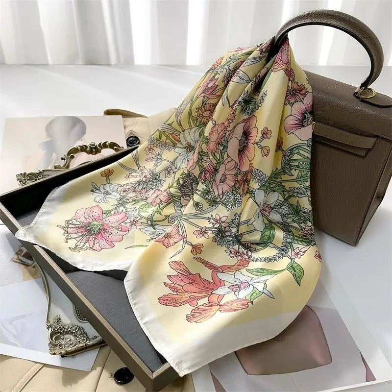 Luxury Print imitation Silk Square Scarf Women Spring Neck Tie Shawl Wraps Female Hair Hand Wrist Headkercheif Hijab Bandana