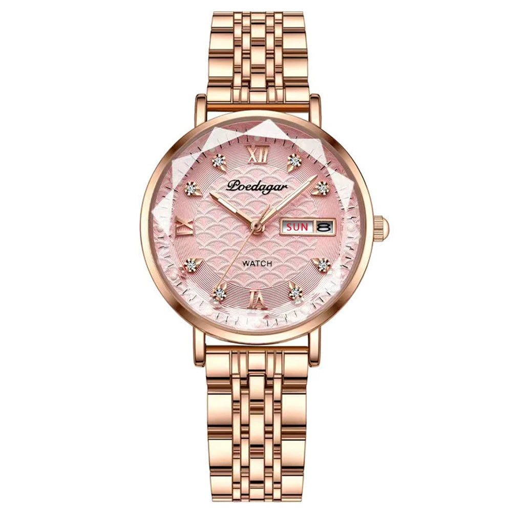 POEDAGAR Top Elegant Women's Watches Stainless Steel Date Week Woman Watch Waterproof Luminous Fashion Ladies Watch Quartz Reloj