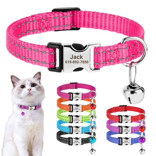Personalized Name Cat Collar Reflective Nylon Dog Cats ID Collar With Bell Engraving Name for Small Cats Dogs Chihuahua 6 Colors