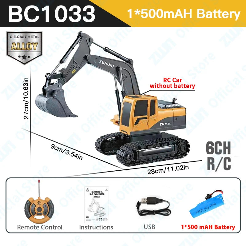 ZWN 2.4G Remote Control Excavator Dump Truck RC Model Car Toy Professional Alloy Plastic Simulation Construction Vehicle for Kid