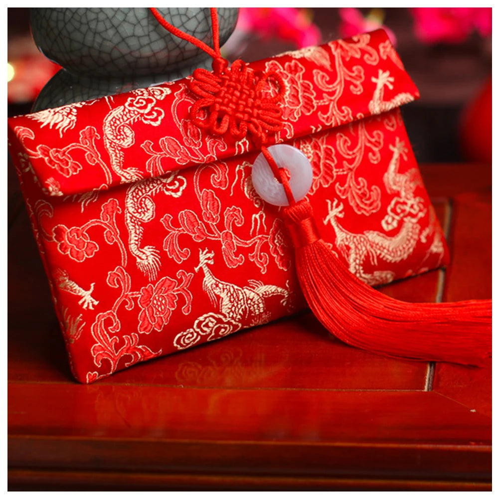 Chinese Style Brocade Red Envelope Bag Spring Festival Luck Red Packets Bag for Chinese Wedding Birthday Invitation Card Bag