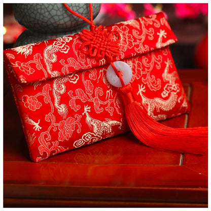 Chinese Style Brocade Red Envelope Bag Spring Festival Luck Red Packets Bag for Chinese Wedding Birthday Invitation Card Bag