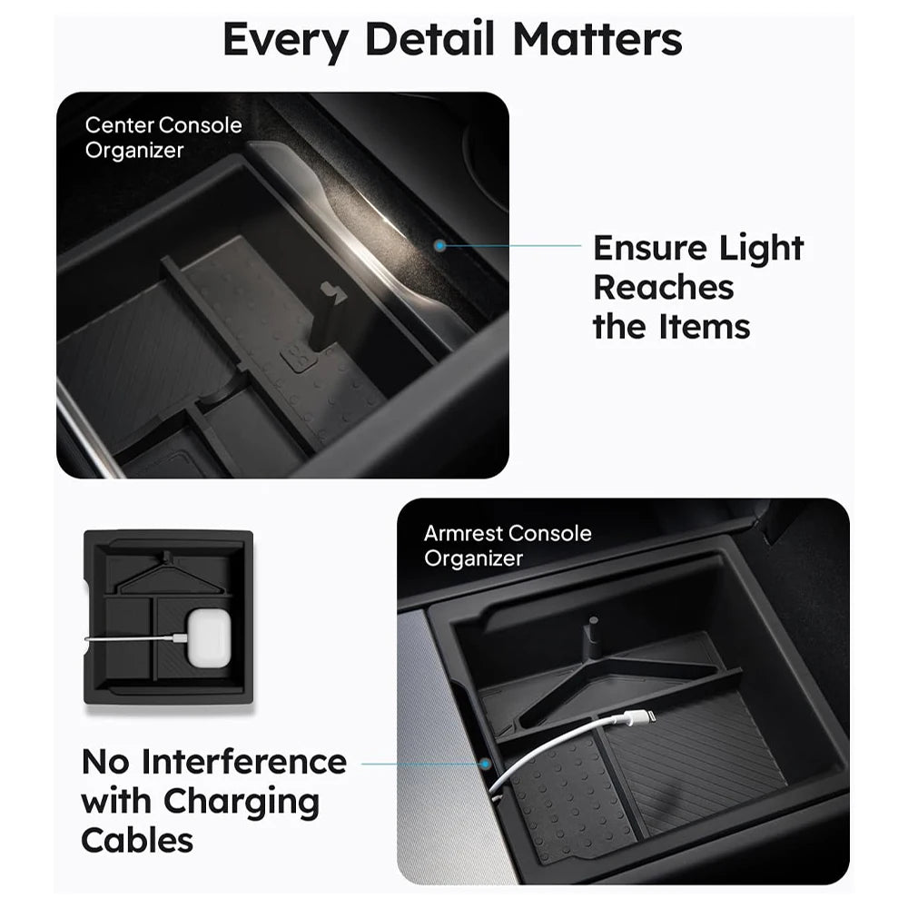 Heenvn For Tesla Model Y Juniper & Model 3 Highland 2025-2026 ABS Center Console Organizer Tray Armrest Storage Box Accessories