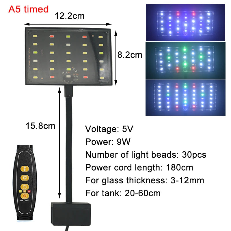 USB Aquarium LED Light Full Spectrum Aquatic Plant Grow Lamp Fish Tank Adjustable Brightness Dimmable Timed 360° Rotatable Light