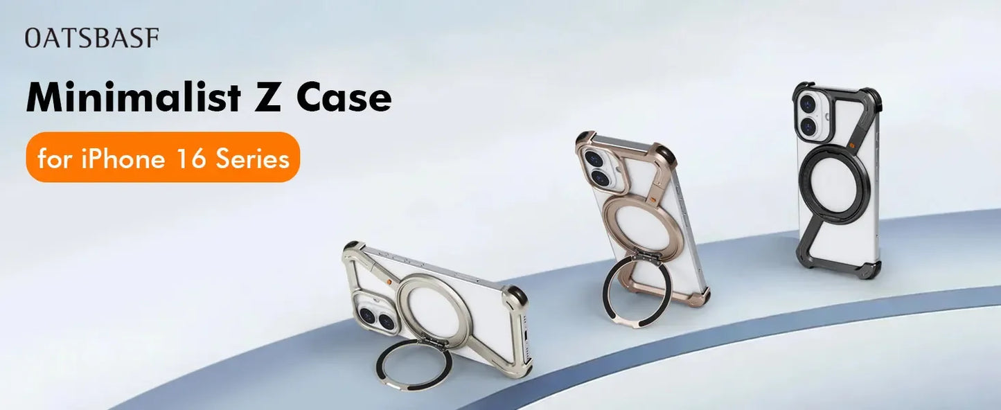 Oatsbasf Z Shape Phone Case for iPhone 16 15 14 Pro Max with Stand 360°Rotatable Magsafe Minimalist Frameless Protective Cover