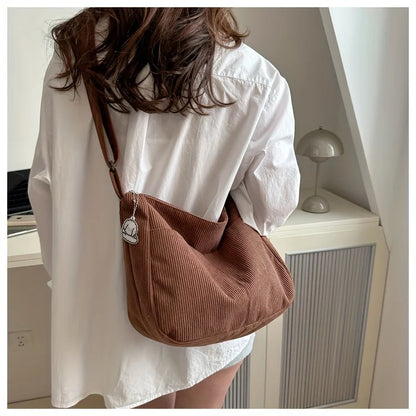 Women’s Corduroy Shoulder Bag, Casual Striped Large Capacity Tote with Zipper Closure, Cute Hat Patch, Perfect for Everyday Use