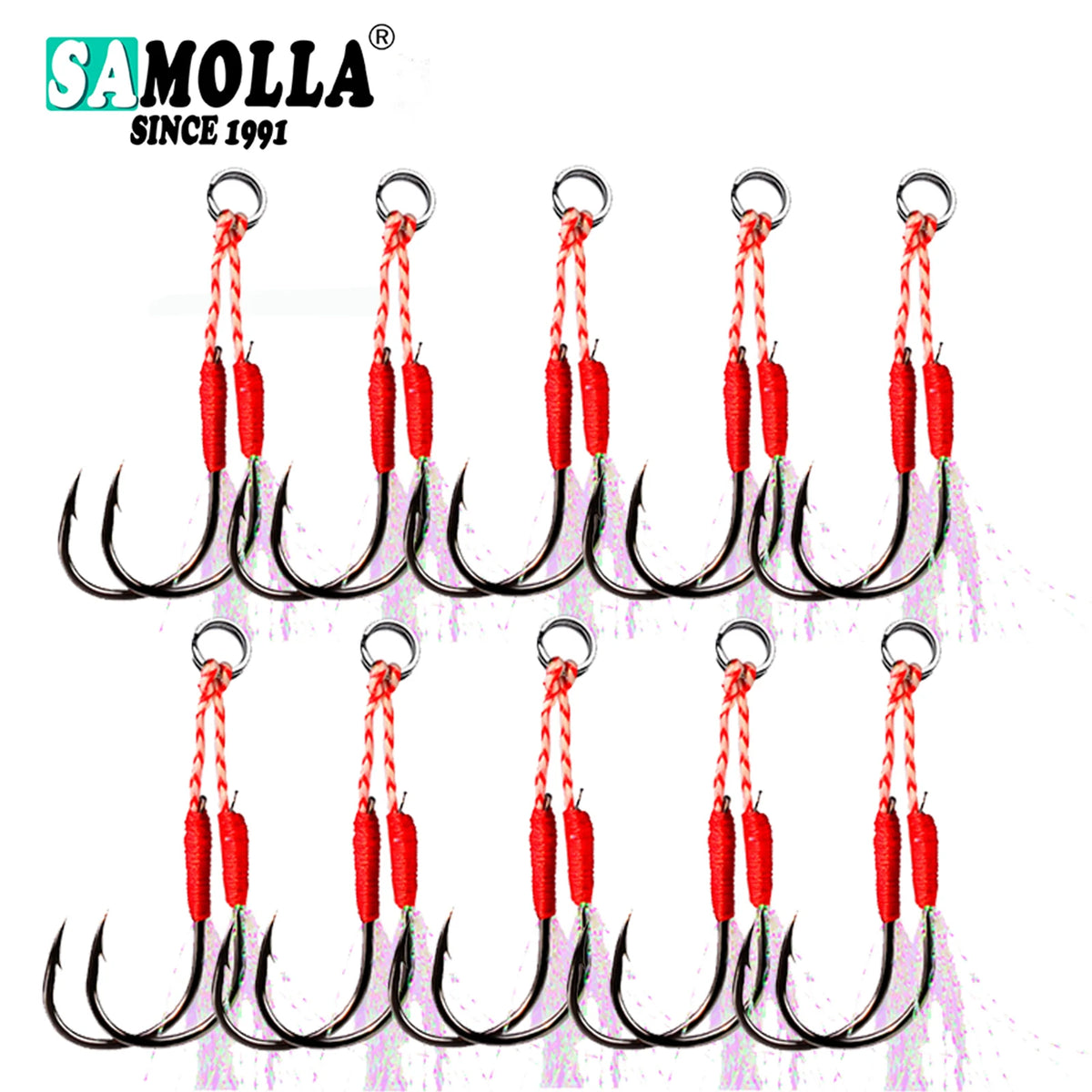 10pair/lot Fishing Hook Jig Double PairHooks Barbed Thread Feather Accessories Pesca High Carbon Steel Fishing Lure Slow Jigging