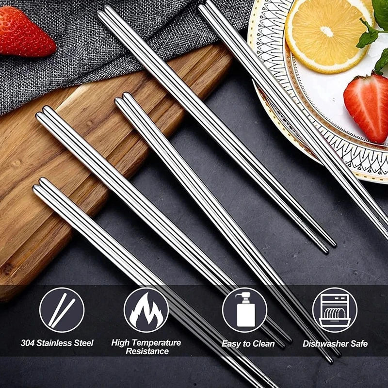 2/5/10 Pairs Chinese Chopsticks Stainless Steel Non-slip Sushi Chopstick Korean Japanese Food Metal Sticks Kitchen Tableware Set