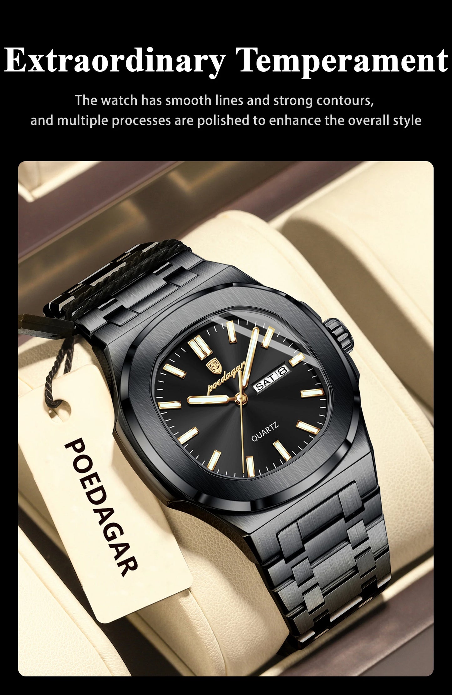 POEDAGAR Square Luxury Men's Wristwatch Luminous Waterproof Stainless Steel Male Clock Week Date Original Quartz Watches For Men