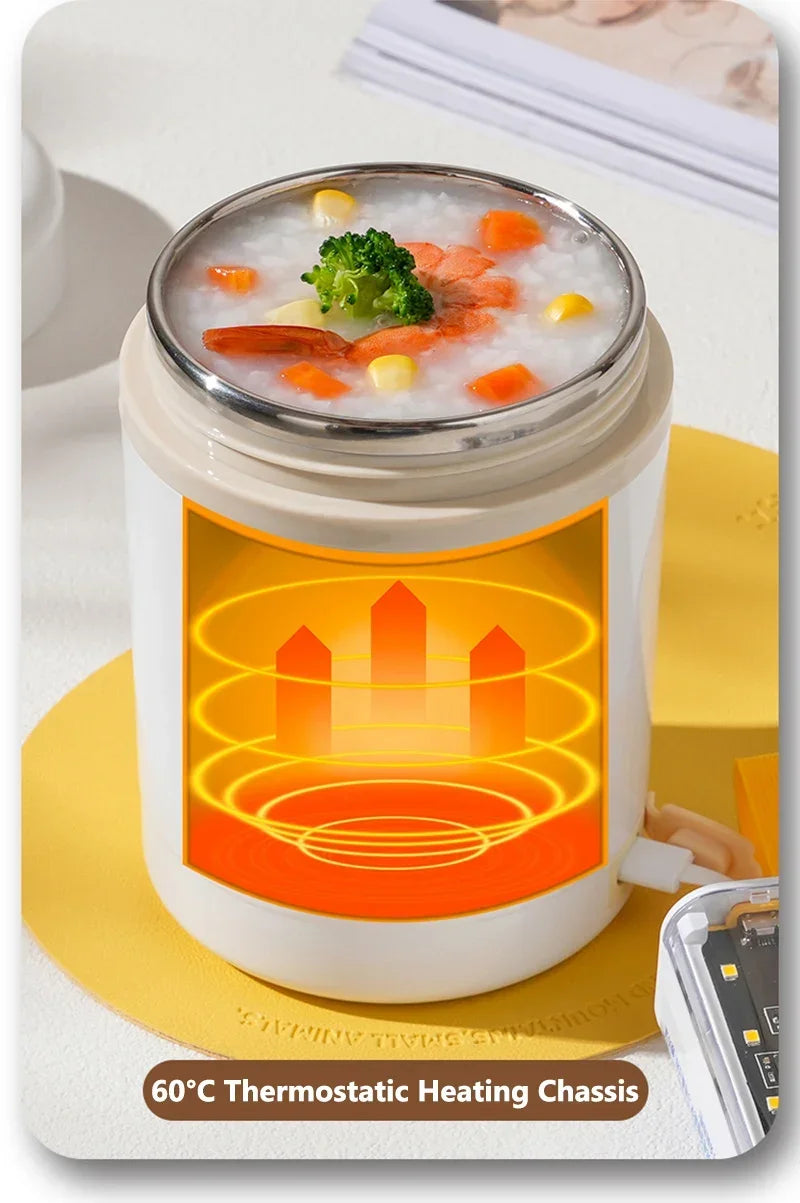 600ML Portable USB Electric Heating Lunch Box Stainless Steel Food Warmer with Drink Function for Picnics Food Heater
