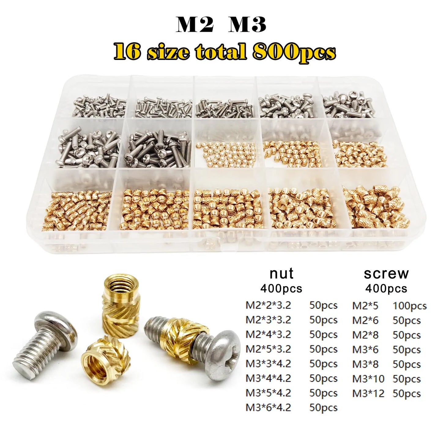 Brass Copper Embed Insert Nut Screw Kit Set M1.4M1.6 M2 M2.5 M3 M4 M5 M6 for Heat Melt Injection 3D Print Twill Knurled Thread