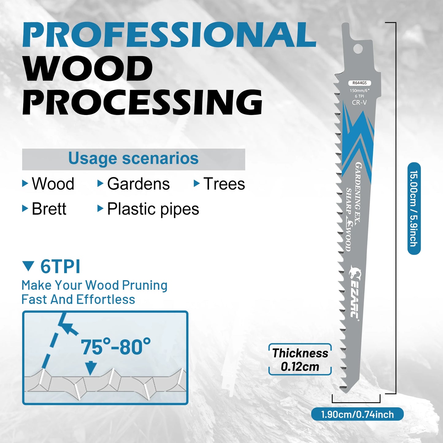 EZARC Reciprocating Saw Blades for Wood Pruning, 150mm 6TPI /225mm 5TPI CRV Ground Sharp Teeth Saw Blades Cutting Tools 6'' 9''