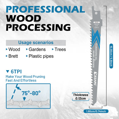 EZARC Reciprocating Saw Blades for Wood Pruning, 150mm 6TPI /225mm 5TPI CRV Ground Sharp Teeth Saw Blades Cutting Tools 6'' 9''