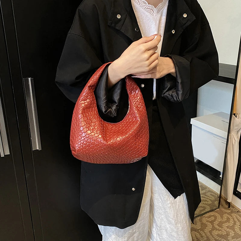 Women Classic Fashion Woven Embossed Hobo Soft PU Leather Small Top-handle Shoulder Bag Casual Daily Handbags