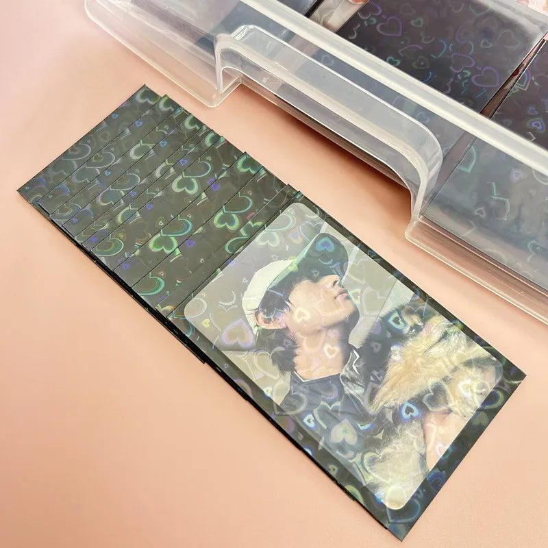50pcs/lot 61*91mm Heart Love Laser Flashing Card Sleeves Protector For Photo Cards Holder Holographic Foil Protective Films