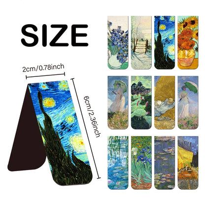 12pcs Artistic Magnetic Bookmarks Featuring World Famous Paintings by Van Gogh & Monet - Ideal for School, Office, And Art Lover