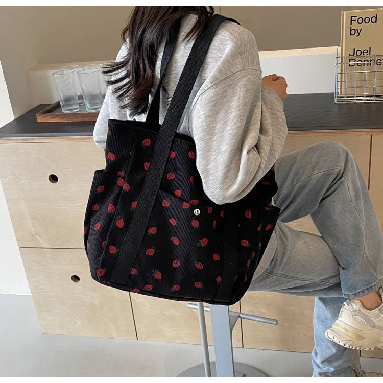 Fashion Corduroy Shoulder Bag for Women, Cute Printed Handbag, Casual Commuter & Shopping Purse, Trendy Underarm Bag