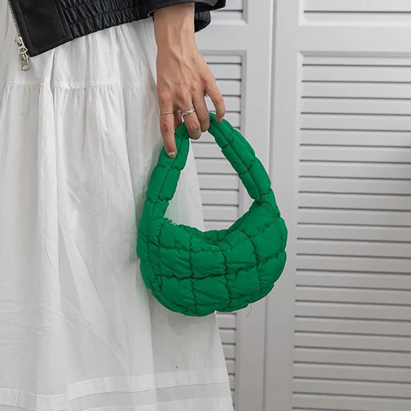 Candy bag Fashion Mini Puffer Tote Bag Quilted Circle Phone Purse  Elegant  Soft Nylon Padded Key Pouch Simple Trend Handbag