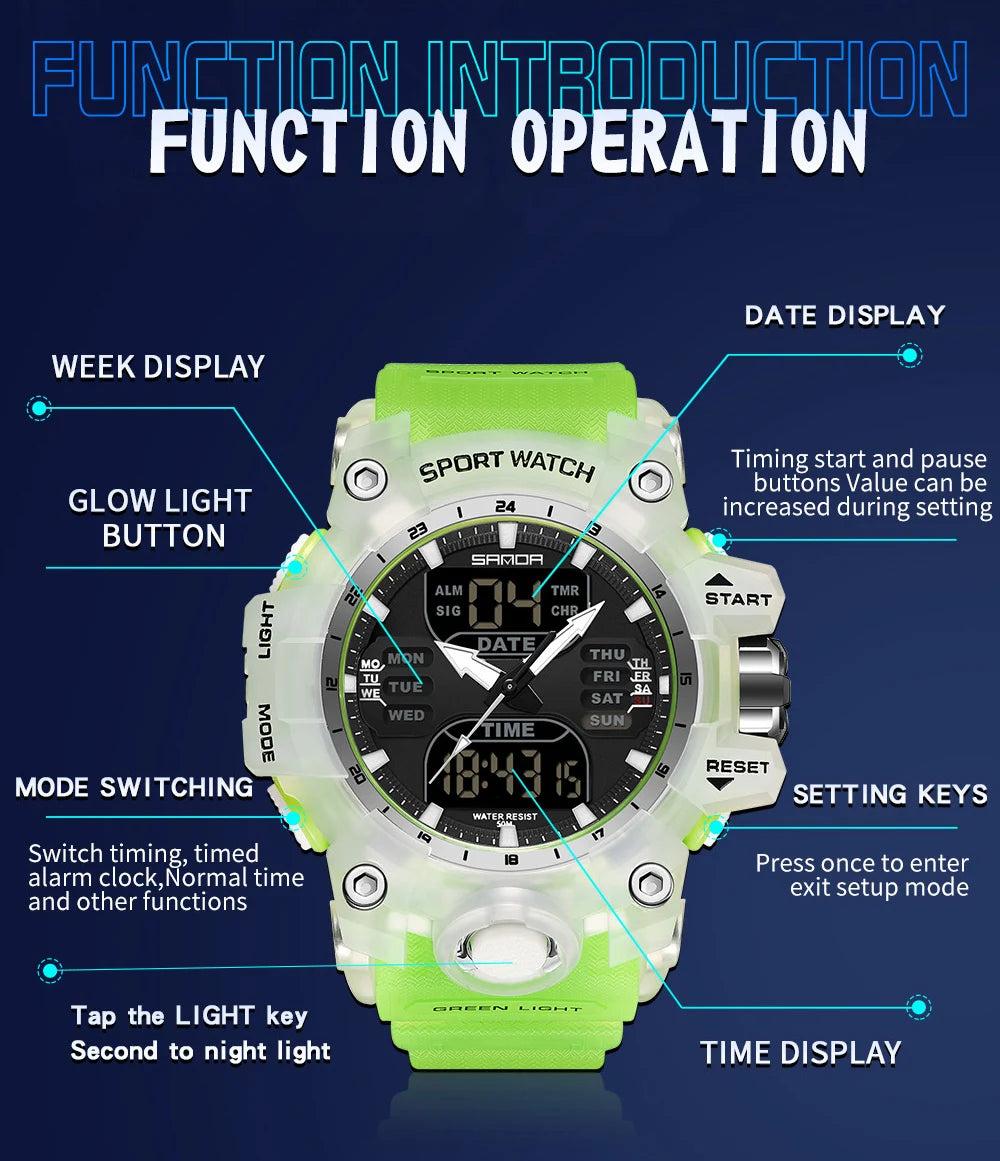 SANDA Luxury G Style Men's Electronic Watch Outdoor Sports LED Analog Digital Chronograph Military Dual Display 50M Waterproof