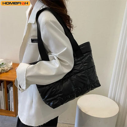 HOMEFISH Ladies Tote Handbags Large Capacity Cotton Padded Shopping Bag Rhombus Portable Handbag Quilted Solid