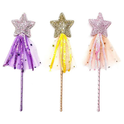 Children Five Point Stars Wand with Tassels Ribbon Halloween Princess Magic Accessory with Glitter Star Great for Themed Parties