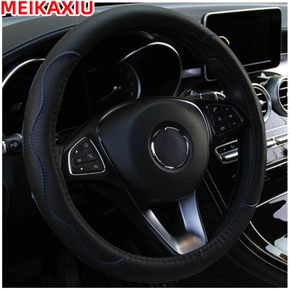 38cm PU Fiber Leather Steering Wheel Cover Embossed Style round Car Decorations Accessory with Inner Ring for All Seasons