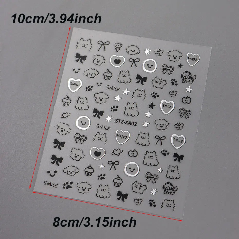 2pcs 3D Cute Silver Smile Dog Decals Y2K Cartoon Cat Footprint Nail Stickers Graffiti Star Heart Bowknot Manicure Slider Decor