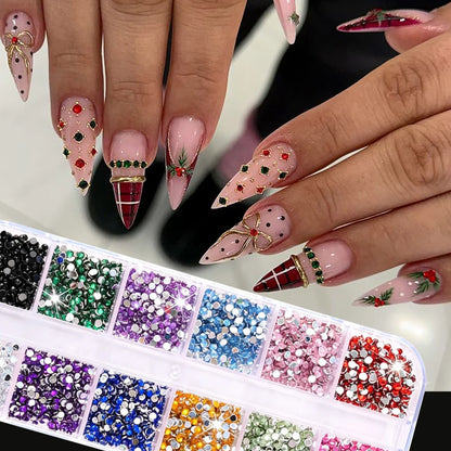 12Grids Mixed Mini Christmas Gems Nail Charms 2mm Luxury Crystal Nail Glitter Rhinestone Red/Green Flatback Christmas Nail Parts
