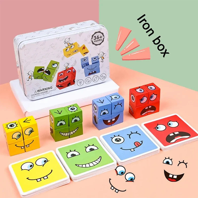 Children's Wooden Four Person Battle Face Changing Facial Expressions Magic Cube Building Blocks Wooden Interactive Games