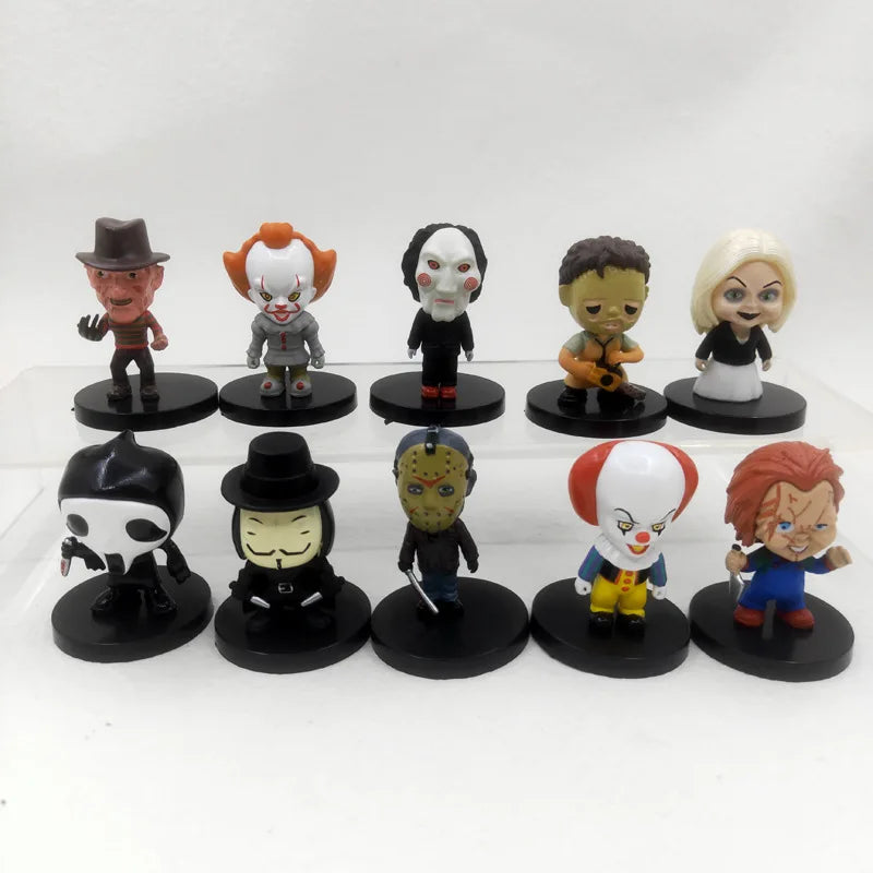 10 Pieces / Set Horror Film Series Jason Freddy Clown Action Figure Toys PVC Model Halloween Gift Vinyl Figurine Doll Gift