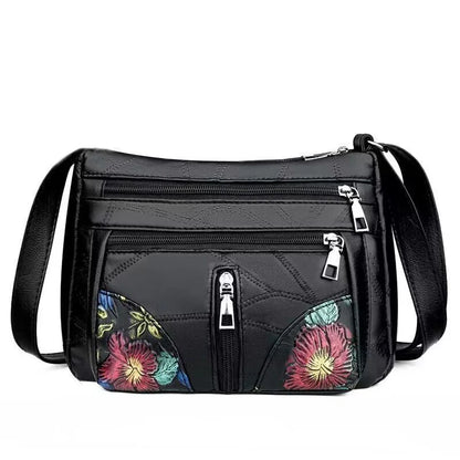 Women's Floral Embroidery Shoulder Bag Multi-zipper Casual Crossbody Bag Lightweight for Daily Shopping Dating Outing