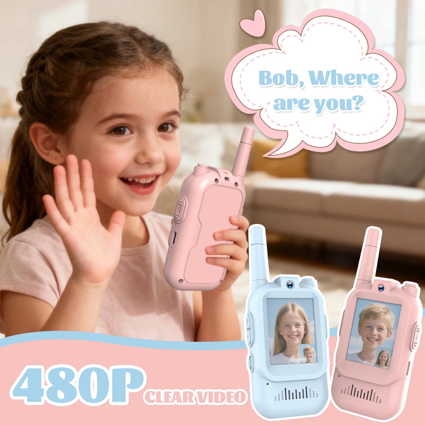 2 Pack Kids Walkie Talkies with Video, Rechargeable, Portable Play Toy, Gift for Camping Travel, Boys Girls 3-12