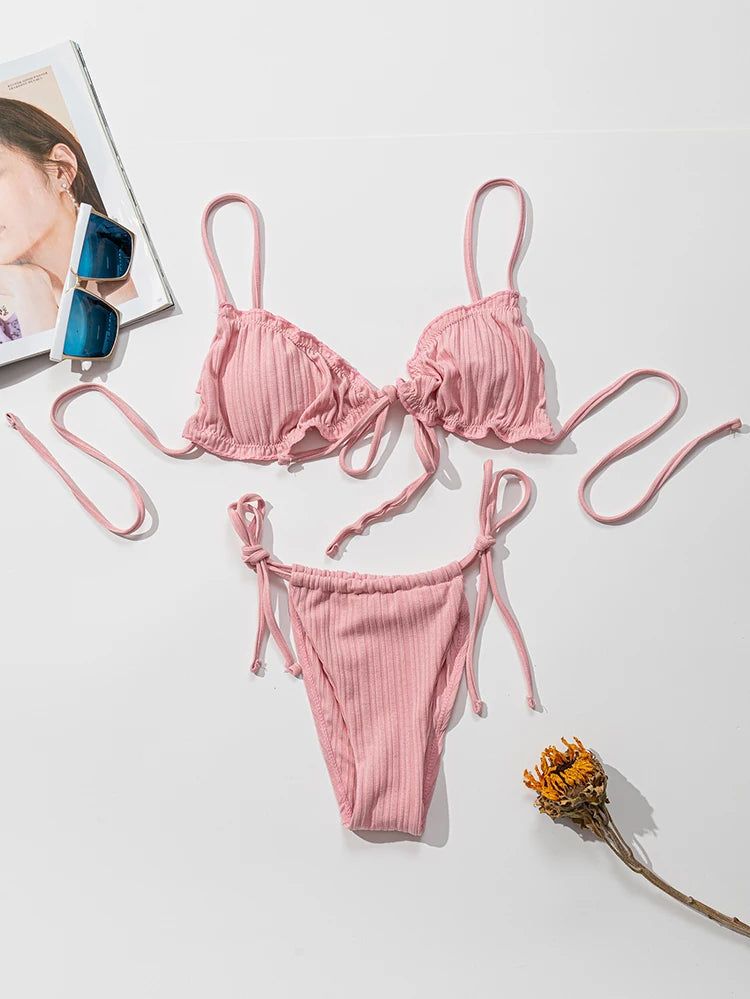 New 2025 Sexy Swimsuit Pit stripe Bikini Women Swimwear  Bathing Suits Push Up Biquinis Bandage Beachwear Solid Bikini Sets