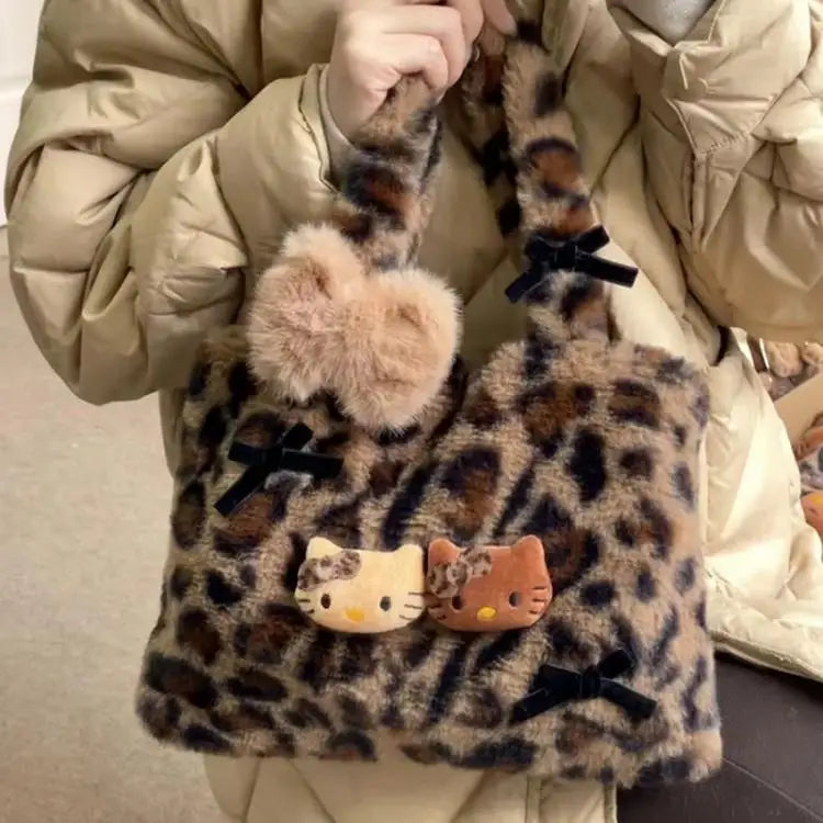 Hello Kitty leopard print plush fashion cute handbag for girls shoulder bag armpit handbag lightweight and durable gift forgirls