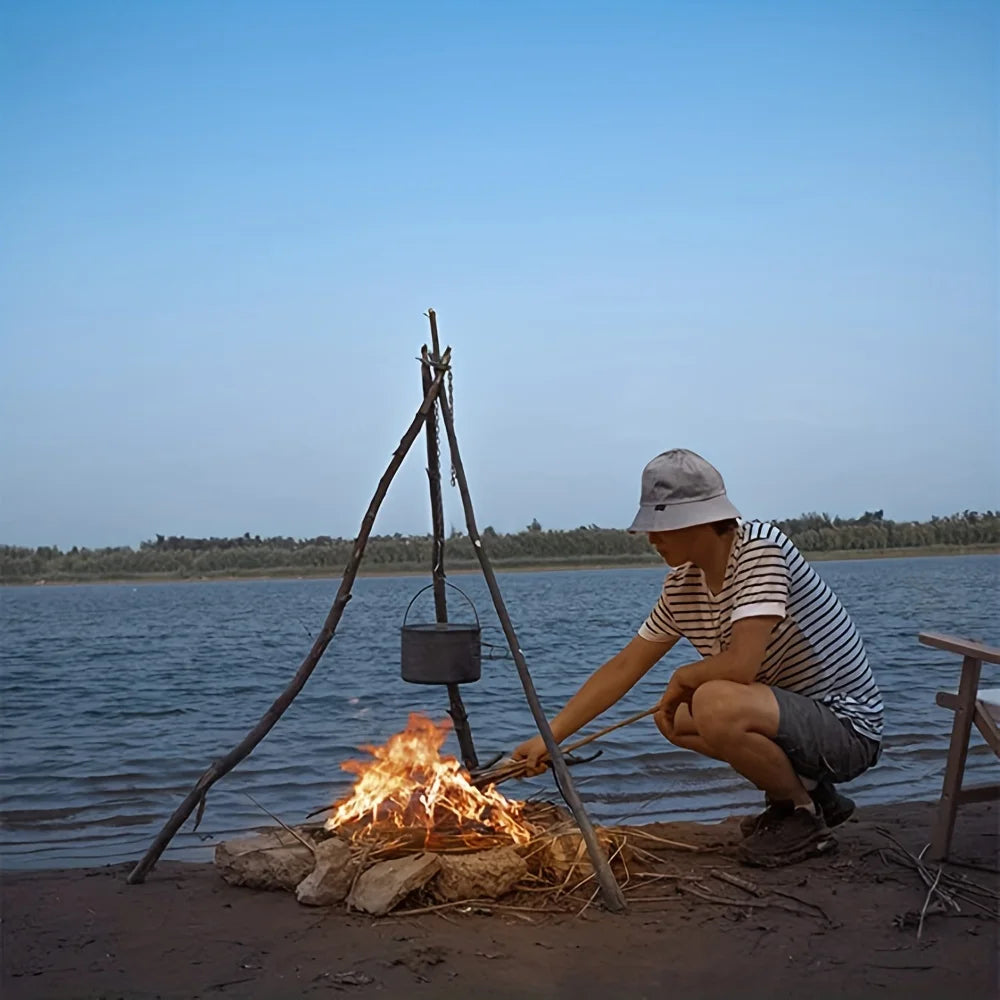 Portable Detachable Outdoor Barbecue Tripod Hanging Rack Stainless Steel Camping Campfire Grill Pot Triangle Stand Set