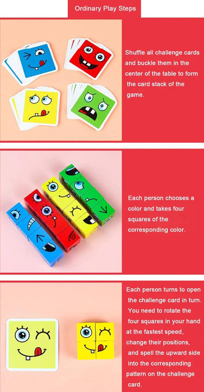 Children's Wooden Four Person Battle Face Changing Facial Expressions Magic Cube Building Blocks Wooden Interactive Games