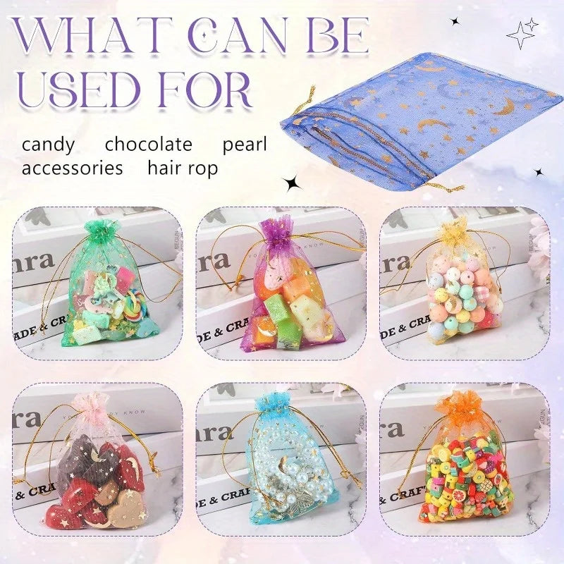 50PCS White Moon Stars Drawstring Organza Bags Jewelry Gift Bags Pouches Gold Star Organza Favor Pouches for Christmas Wedding