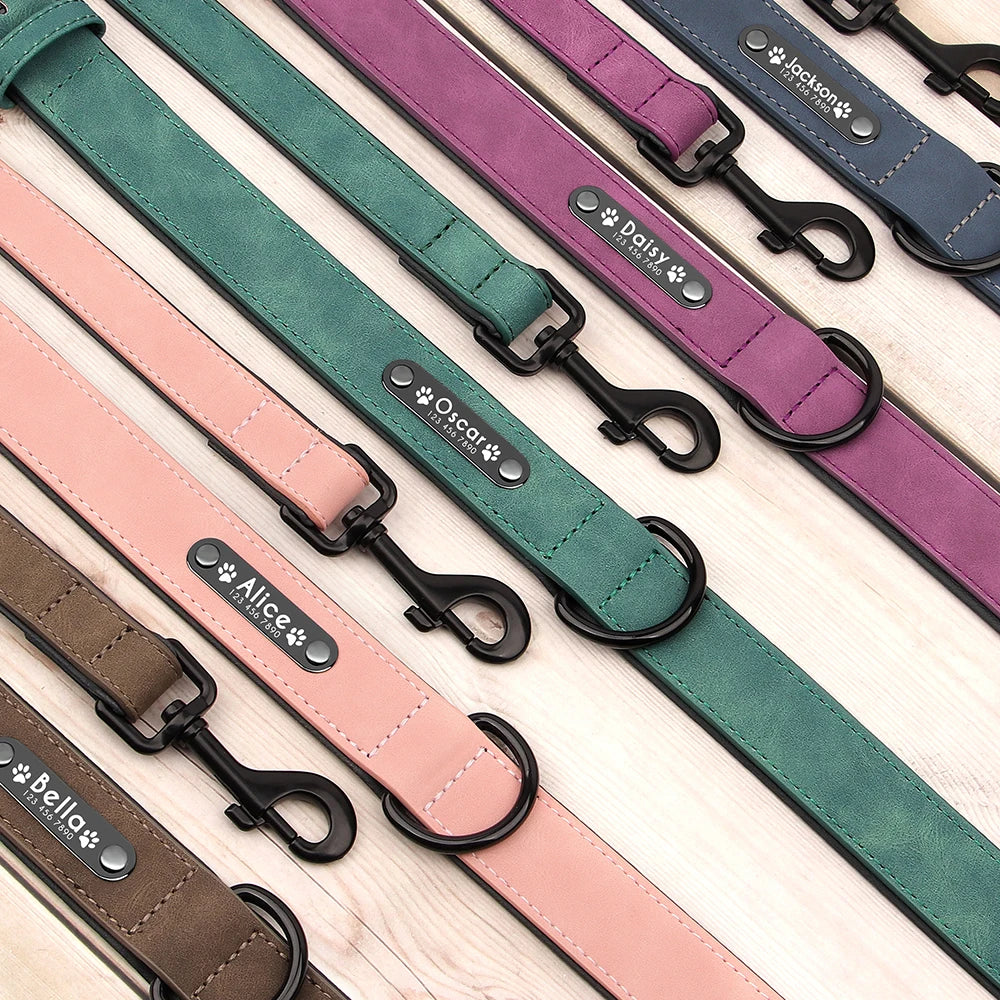 Custom Leather Dog Collar Leash Personalized Pet Collars and Leash Set Durable Leather Collar Lead for Small Medium Large Dogs