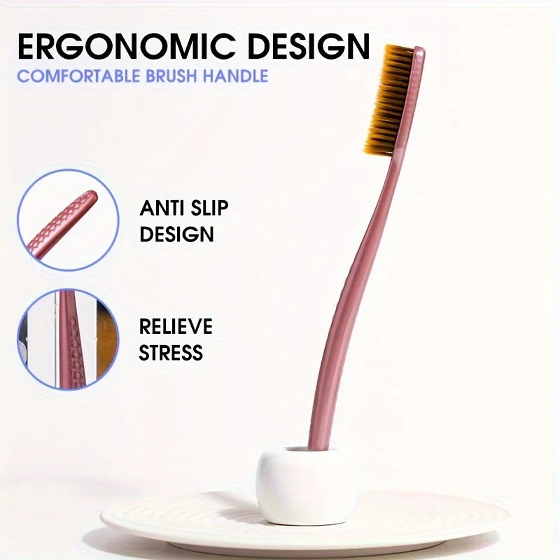 soft hair toothbrush 5pcs bag with curved extended brush head for deep oral cleaning in 5 colors for adults,