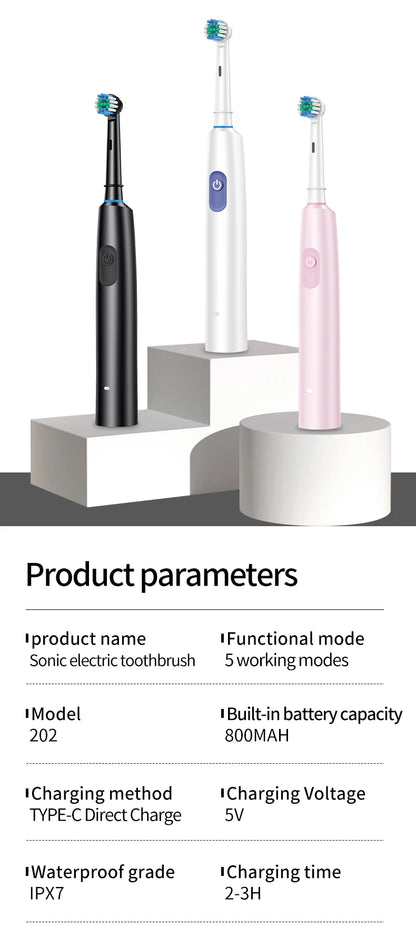 HOMEFISH Bestselling 5-Speed Rotating Electric Toothbrush 360° Rotating Soft Bristle Head Waterproof Sonic Rechargeable