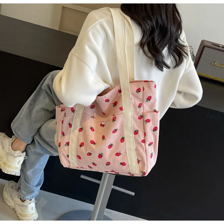 Fashion Corduroy Shoulder Bag for Women, Cute Printed Handbag, Casual Commuter & Shopping Purse, Trendy Underarm Bag